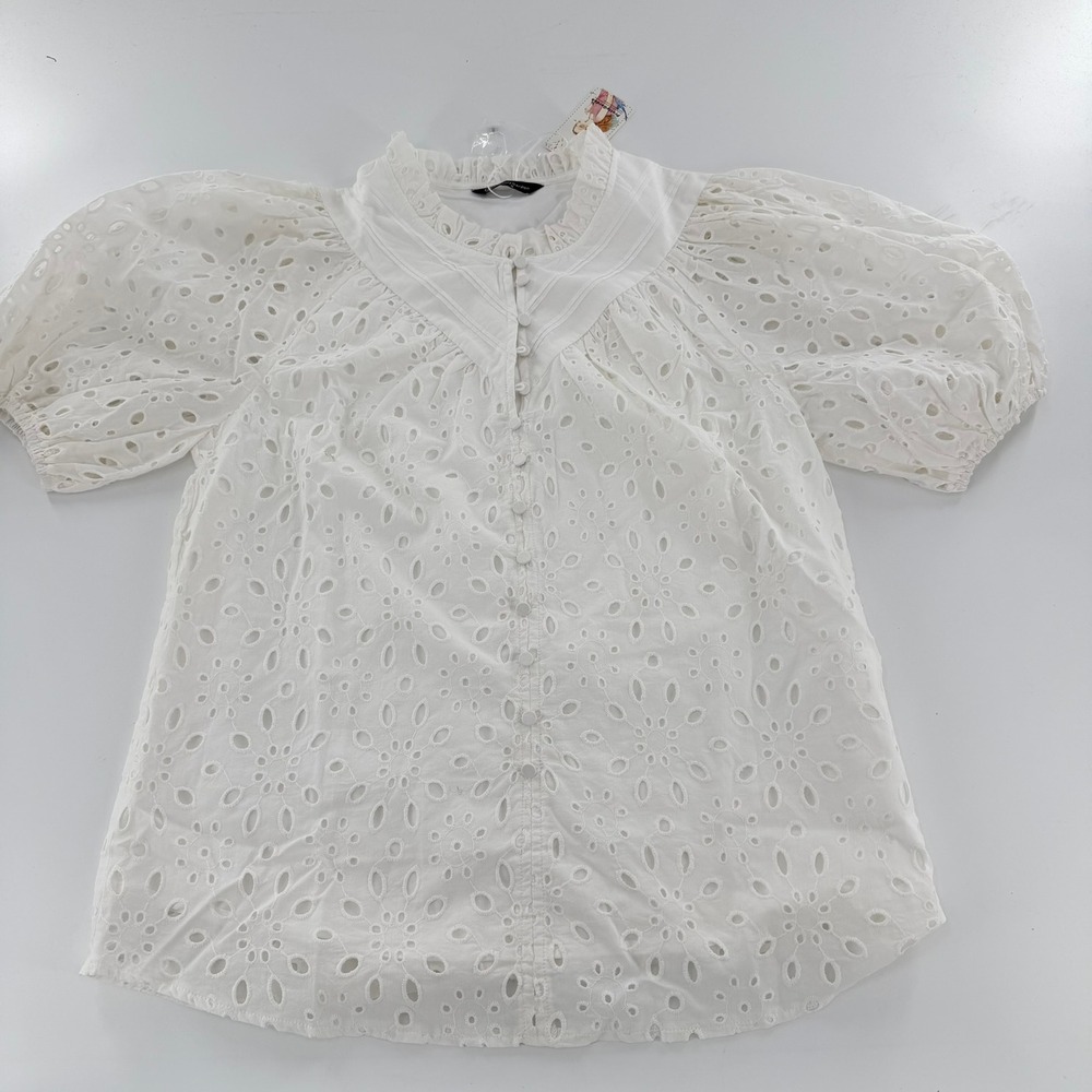 PrettyGarden Eyelet Blouse Boho Modern Women Size Small White Puff Sleeve Shirt